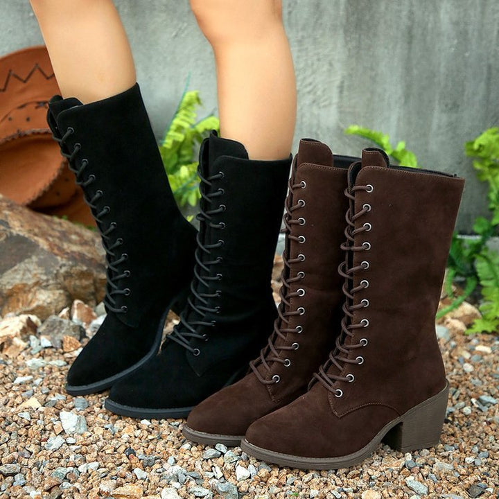 Damen Elegante Schnürstiefel aus Veloursoptik mit mittelhohem Schaft und komfortablem Blockabsatz Echoarchiv