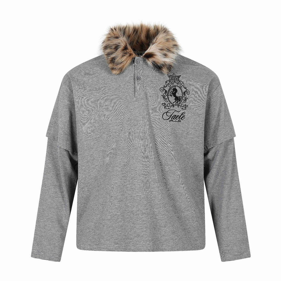 Damen Layered-Optik Langarm-Polo mit Kunstfellkragen und Wappenstickerei Echoarchiv