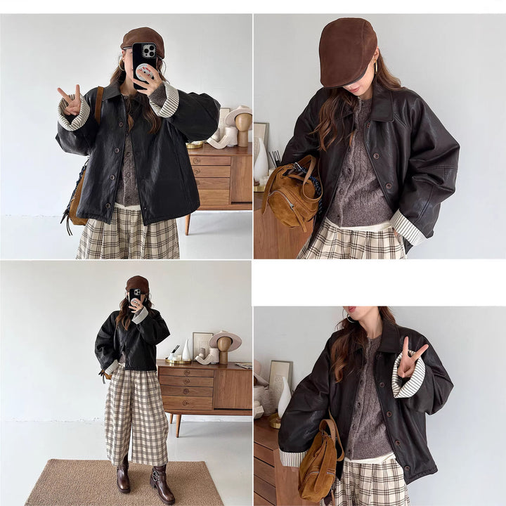 Damen Moderne Lederjacke mit gestreiften Manschetten Echoarchiv