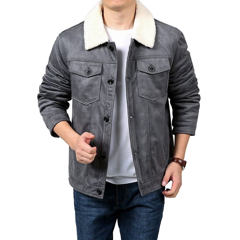 Herren Velourslederoptik Hemdjacke im Trucker‑Stil mit Teddykragen & Pattentaschen Echoarchiv