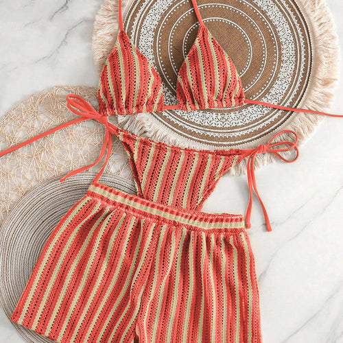 Damen Bikini-Set mit gerafftem Oberteil und hoch taillierten Shorts Echo Archiv