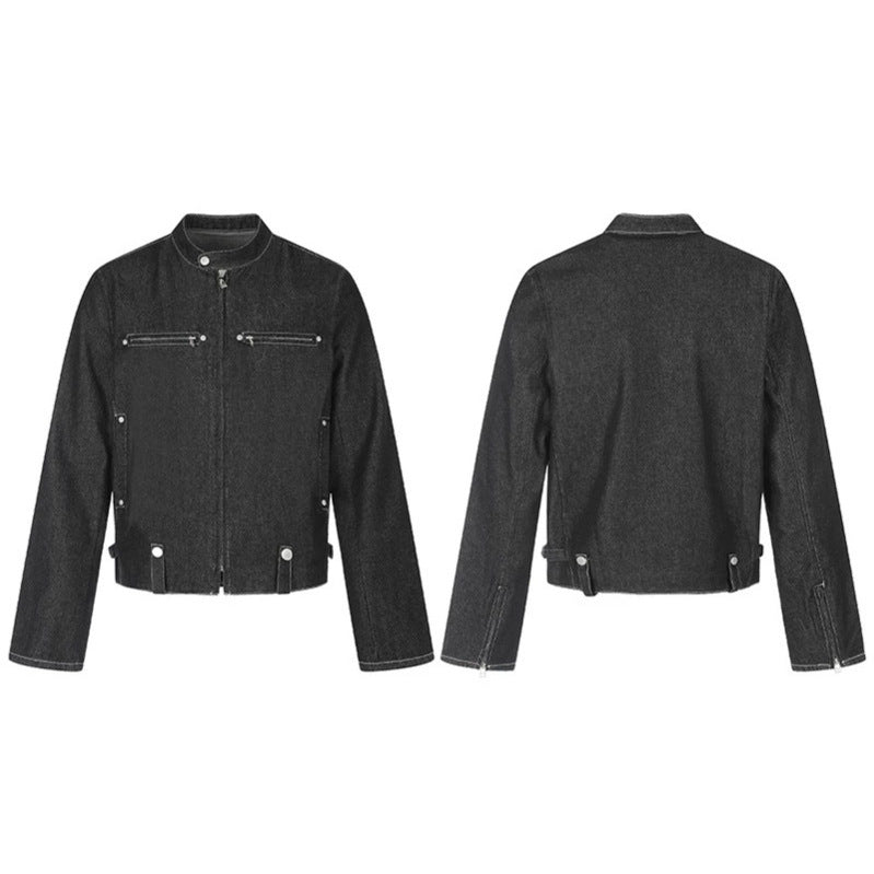 Damen kurze Denim-Bikerjacke mit Stehkragen, Reißverschluss und Druckknopfdetails Echoarchiv