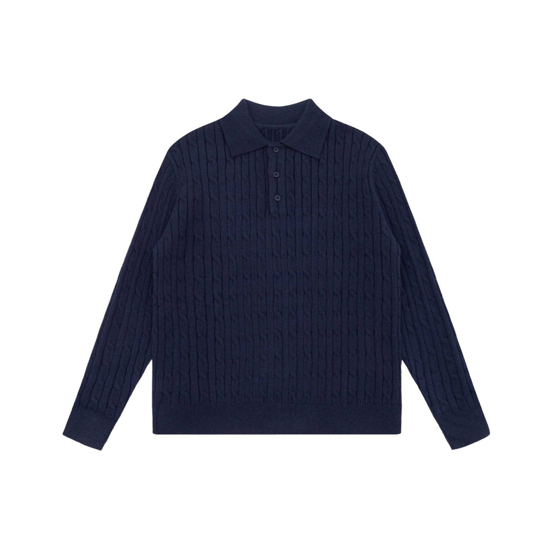 Unisex Grobstrick-Polokragen-Pullover mit Zopfmuster und halber Knopfleiste Echoarchiv