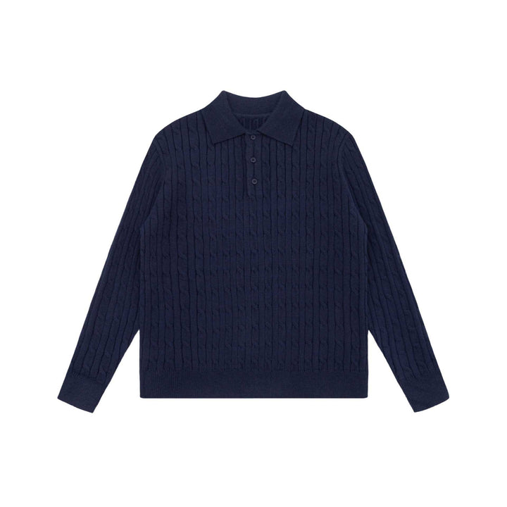 Unisex Grobstrick-Polokragen-Pullover mit Zopfmuster und halber Knopfleiste Echoarchiv