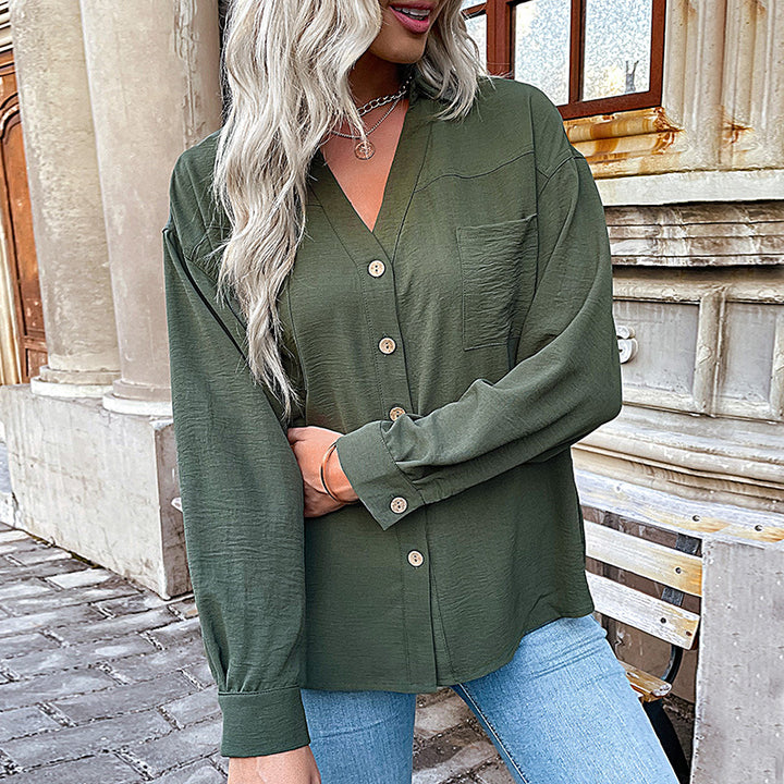 Damen Oversize Crinkle‑Hemdbluse mit V‑Ausschnitt, sichtbarer Knopfleiste und Brusttasche Echoarchiv