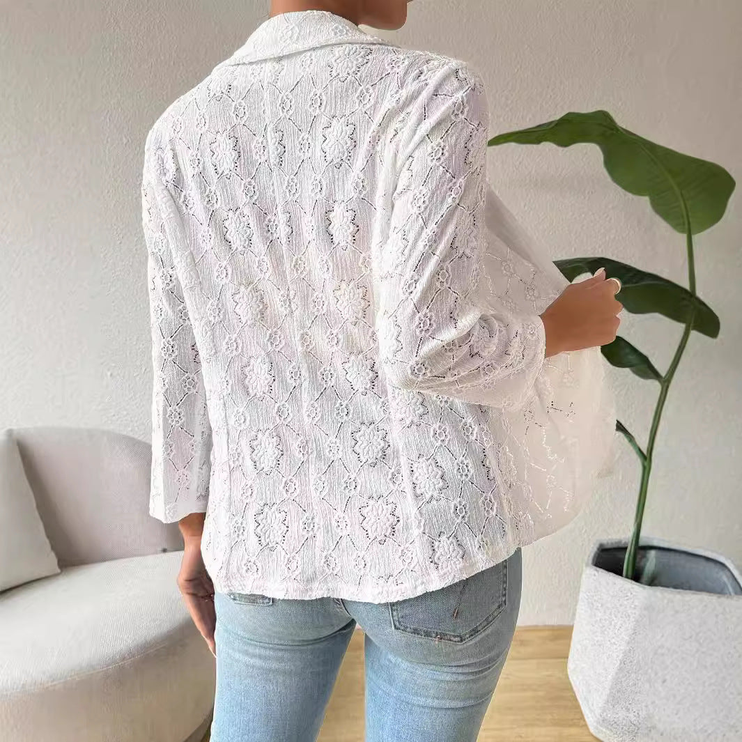 Damen nan transparenter Spitzenblazer mit Schalkragen und dreiviertellangen Ärmeln Echo Archiv