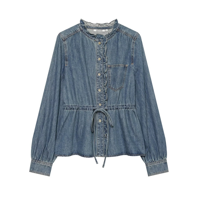 Damen taillierte Blusenjacke in Jeansoptik mit Rüschenkragen und Tunnelzug Echo Archiv