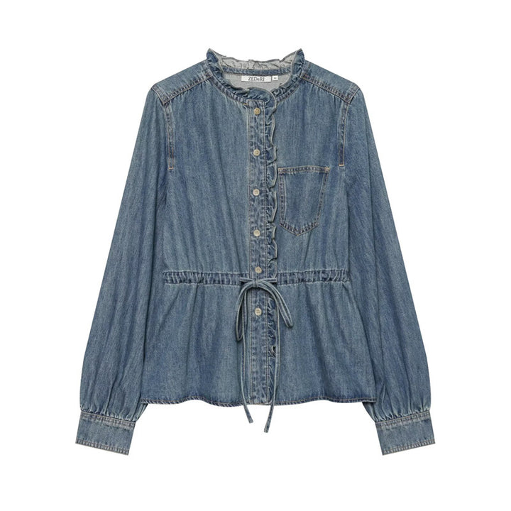 Damen taillierte Blusenjacke in Jeansoptik mit Rüschenkragen und Tunnelzug Echo Archiv
