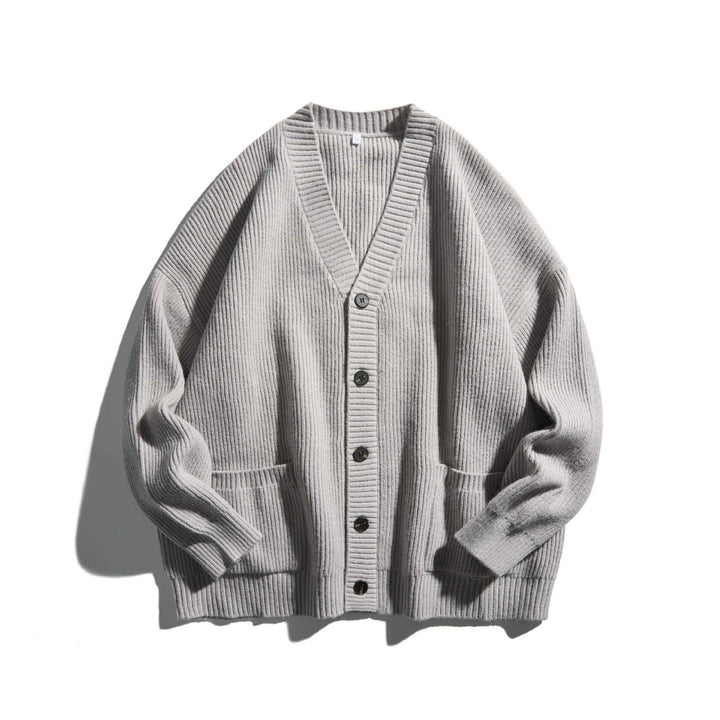 Damen Oversize Rippenstrick-Cardigan mit V‑Ausschnitt und aufgesetzten Taschen Echoarchiv
