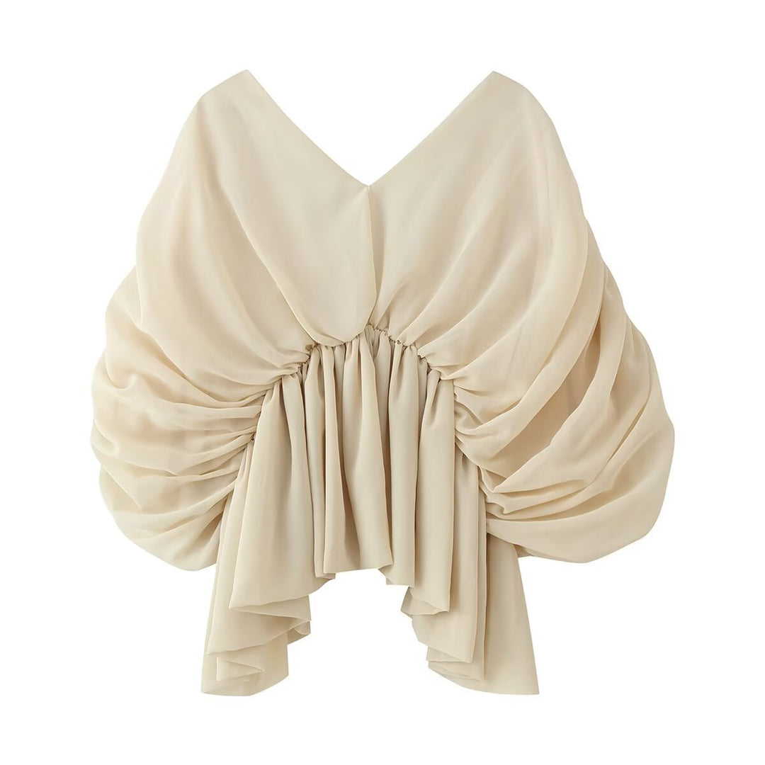 Damen Drapiertes Chiffon-Top mit V-Ausschnitt und voluminösen Fledermausärmeln Echoarchiv