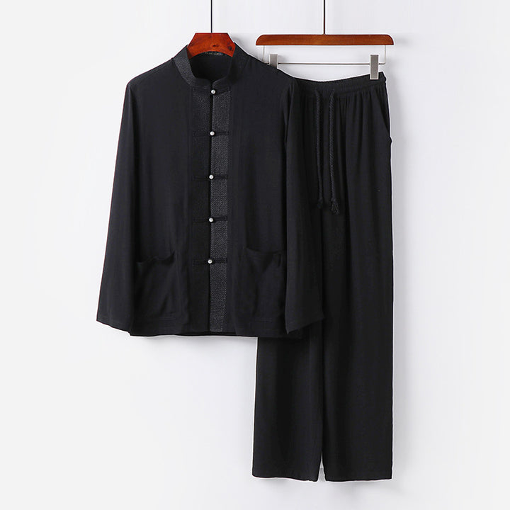Herren Traditionelles Baumwoll-Loungewear-Set mit Stehkragen Knotenknöpfen und Kordelbundhose Echoarchiv