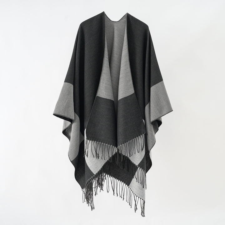 Damen Oversize-Ruana aus Wollmix mit Farbblock‑Design und Fransen Echo Archiv