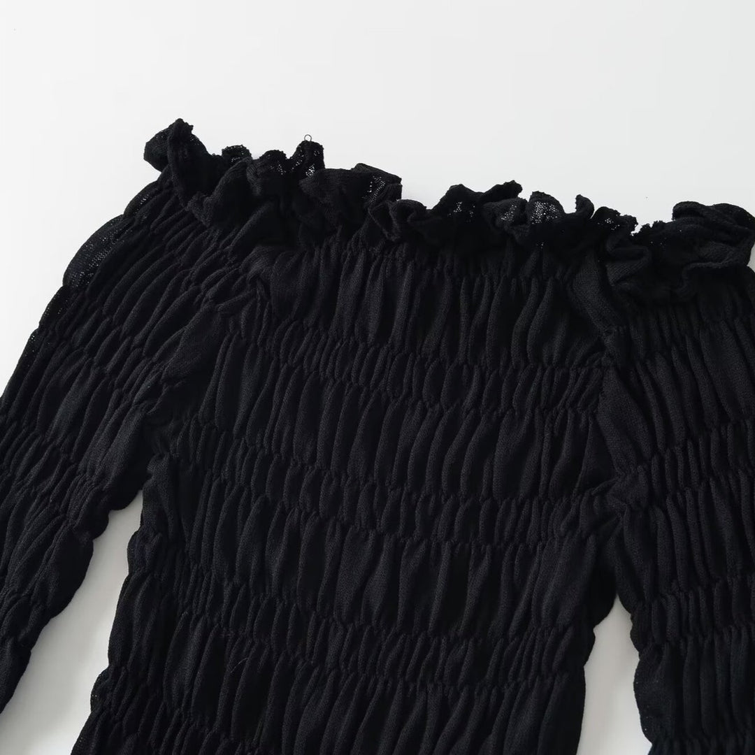 Damen Schulterfreies Smock-Top mit langen Ärmeln und Volant-Saum Echoarchiv