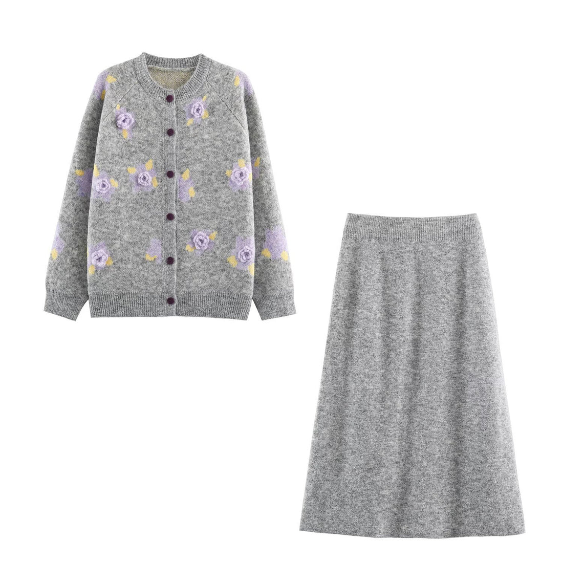 Damen Feinstrick-Zweiteiler Cardigan mit Blumen-Jacquard und tailliertem A-Linien Strickrock Echoarchiv