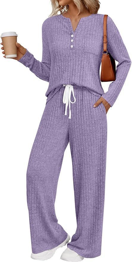 Damen Rippstrick-Lounge-Set mit Knopfleiste und weitem Kordelbund-Hose – Mavelle