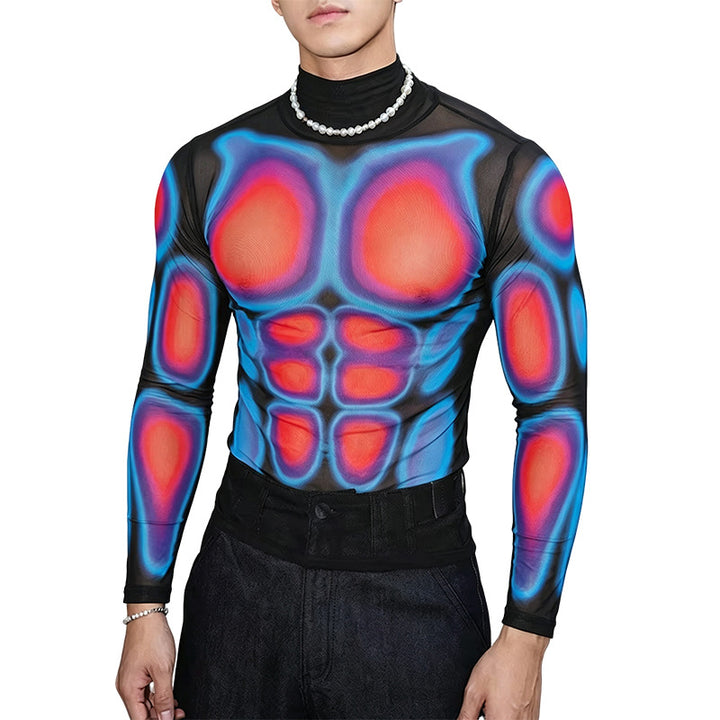 Herren Transparentes Mesh-Langarmshirt mit 3D-Muskeldruck Echoarchiv