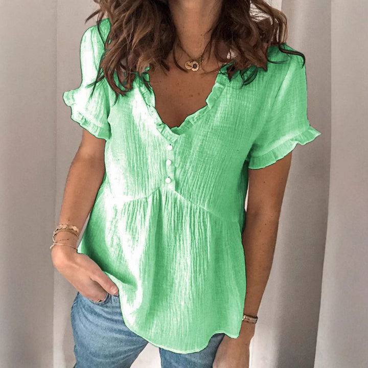 Damen V-Ausschnitt Bluse mit Rüschendetails und Knopfverschluss Echo Archiv