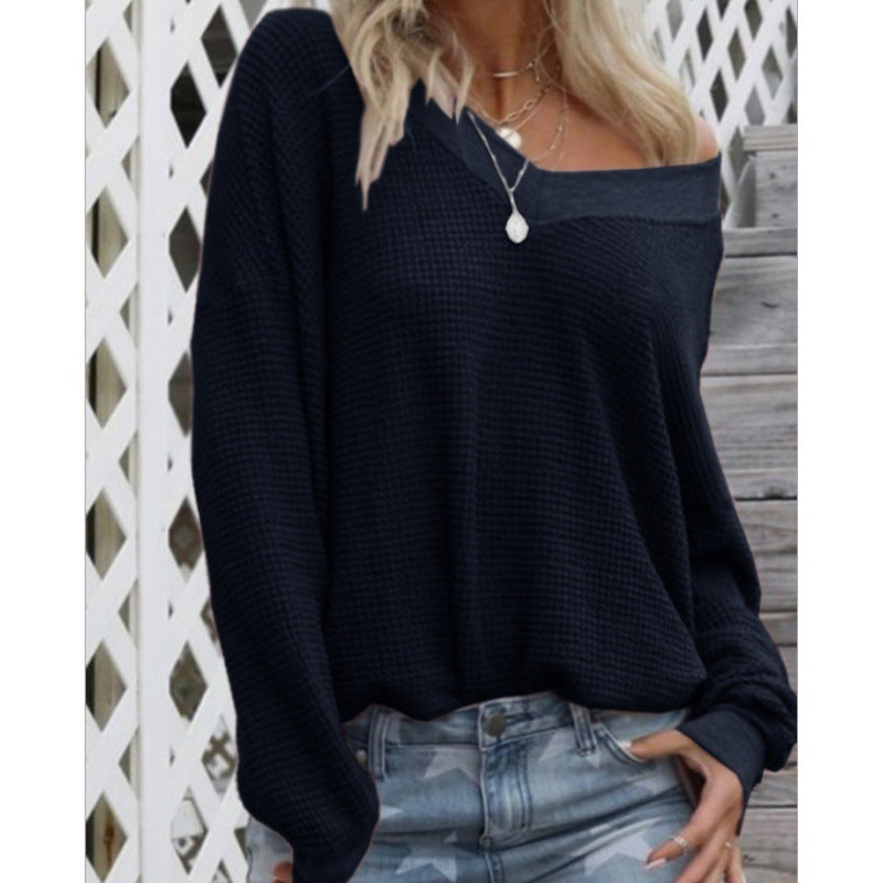 Damen Lockerer Waffelstrick-Pullover mit weitem Off-Shoulder-Ausschnitt und Oversize-Schnitt – Mavelle