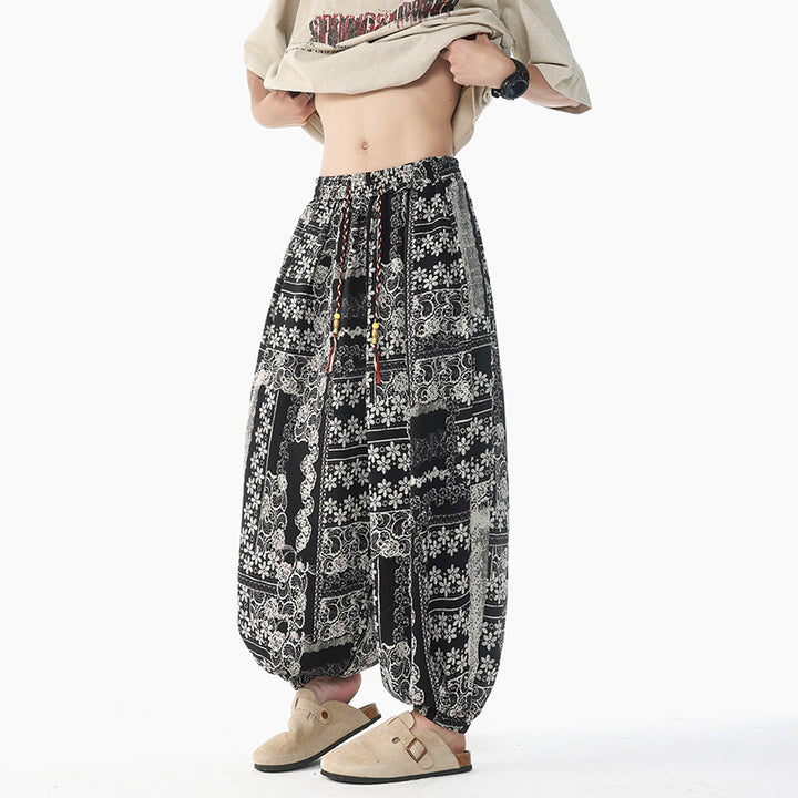 Damen nan lässige Pluderhose im Ethno-Print mit elastischem Bund, Kordelzug und gesmokten Bündchen Echo Archiv
