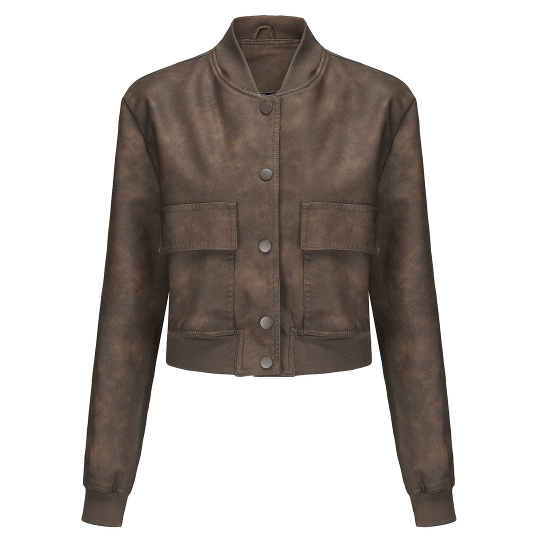 Damen nan kurze Crop-Kunstlederjacke im Blousonstil mit Druckknopffront und aufgesetzten Pattentaschen Echo Archiv