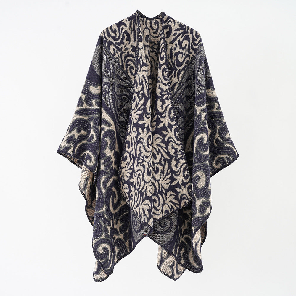 Damen Ornamentaler Jacquard-Capeponcho mit offenem Fall und kastiger Silhouette Echo Archiv