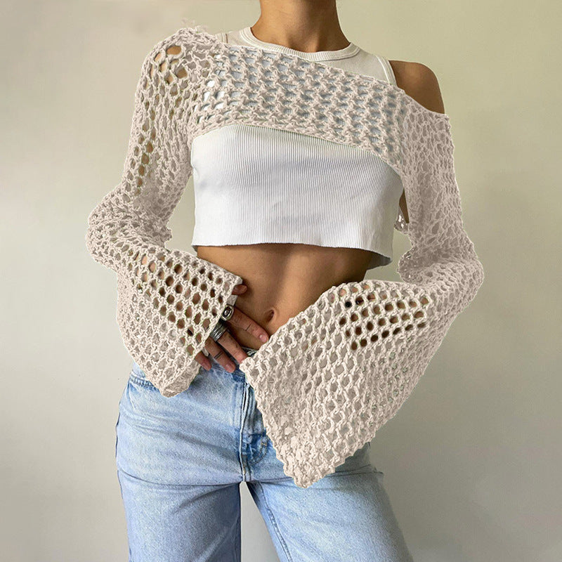 Damen gehäkelter kurzer Bolero mit asymmetrischem Schulterauschnitt und ausgestellten Ärmeln – Célinea