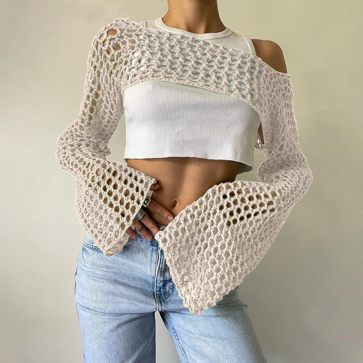 Damen gehäkelter kurzer Bolero mit asymmetrischem Schulterauschnitt und ausgestellten Ärmeln – Célinea