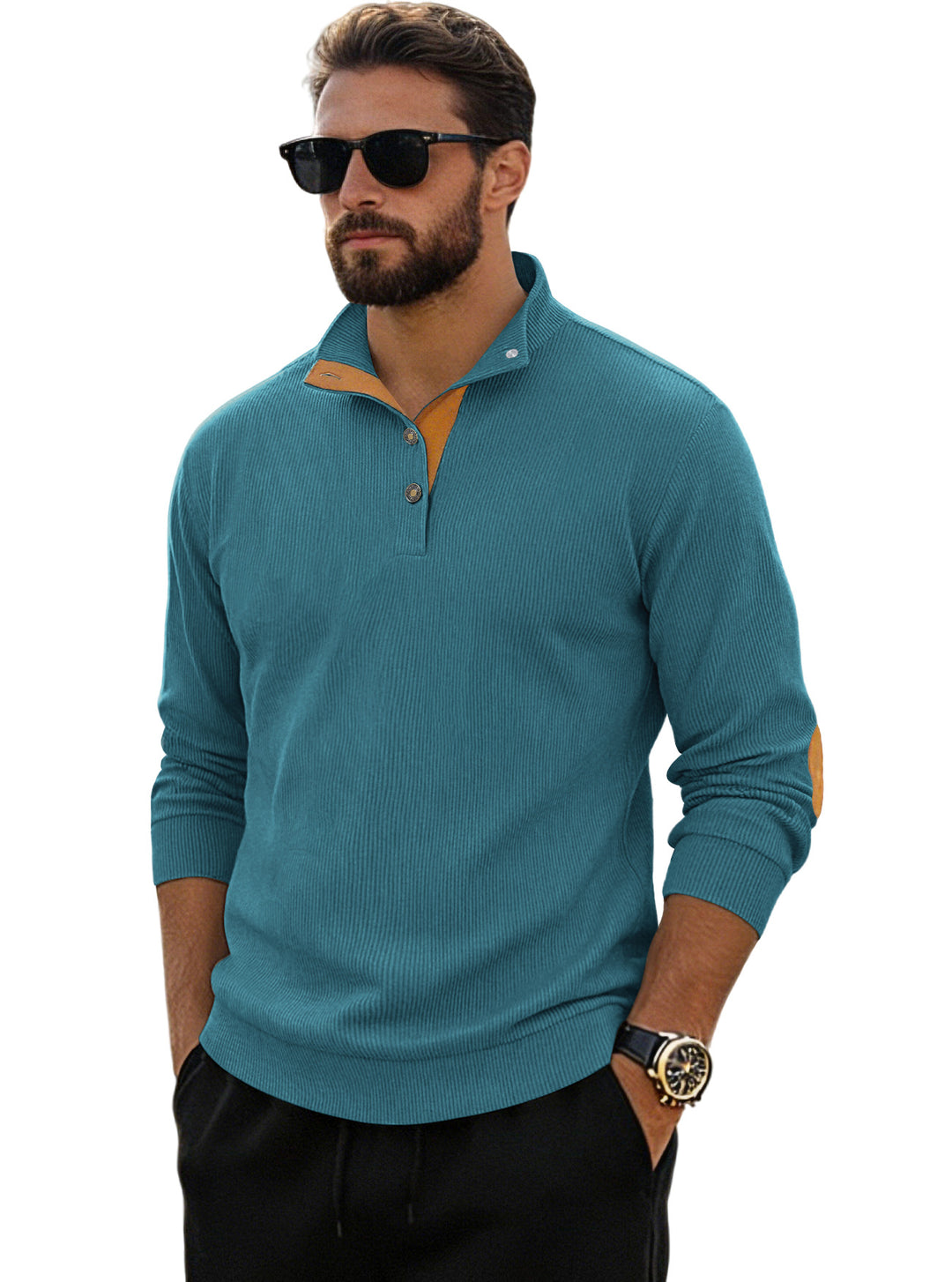 Herren nan fein gerippter Strickpullover mit Polokragen Knopfleiste und Ellenbogenbesatz Echo Archiv