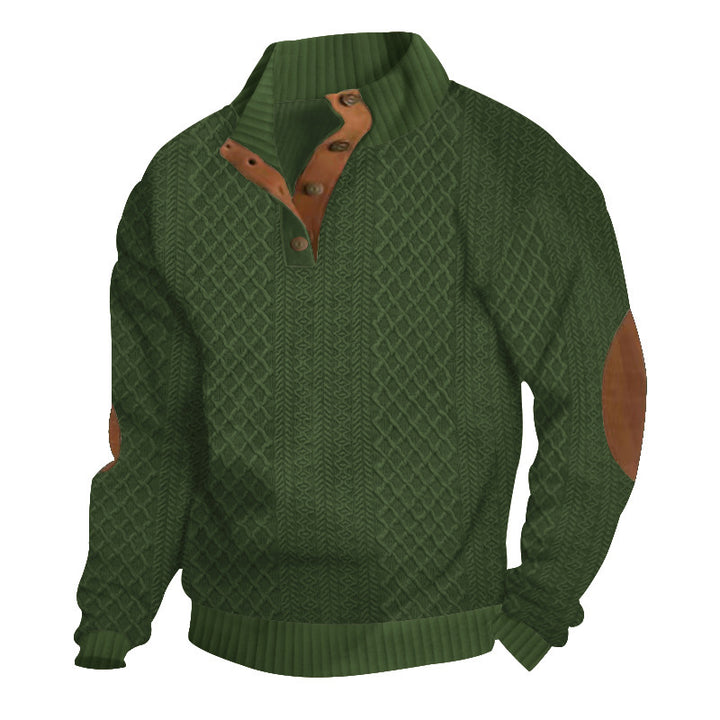 Herren nan gehobener Strickpullover mit Rautenmuster, hohem Rippkragen, knöpfbarer Latzleiste und Lederbesatz an Ellenbogen Echo Archiv