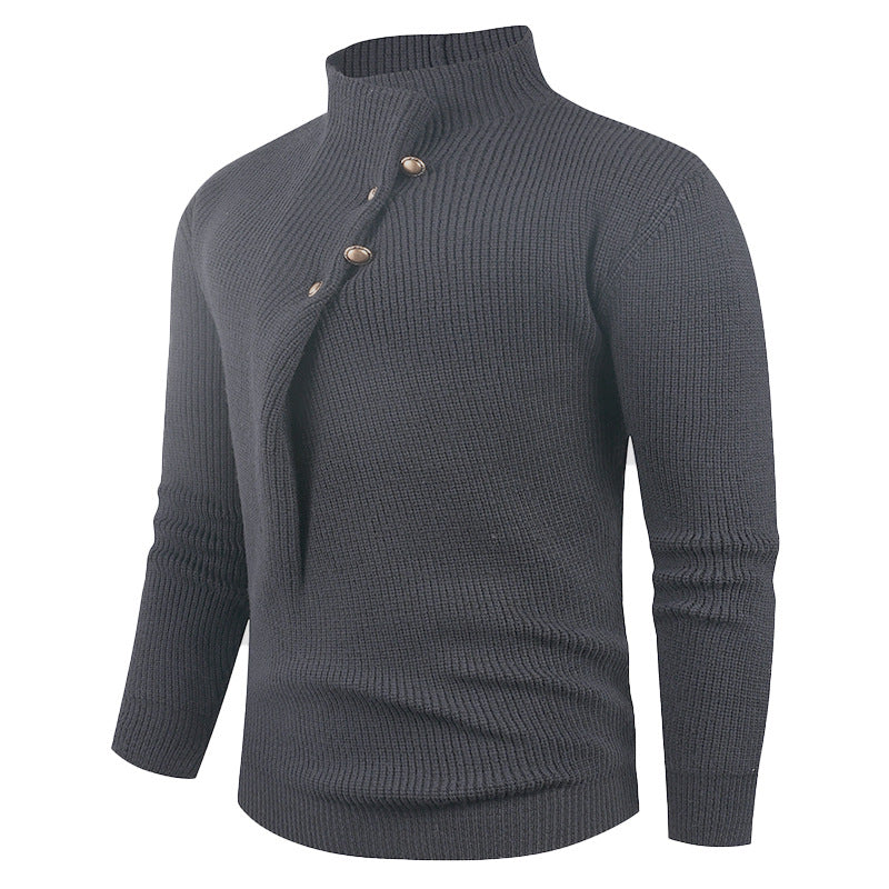 Herren Strickpullover mit asymmetrischem Kragen und dekorativen Holzknöpfen Echoarchiv
