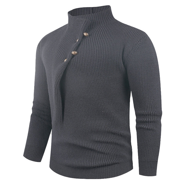 Herren Strickpullover mit asymmetrischem Kragen und dekorativen Holzknöpfen Echoarchiv