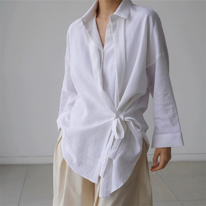 Damen Wickel-Langbluse aus Leinenmix mit Seitenschleife und Oversize-Schnitt – Élovi