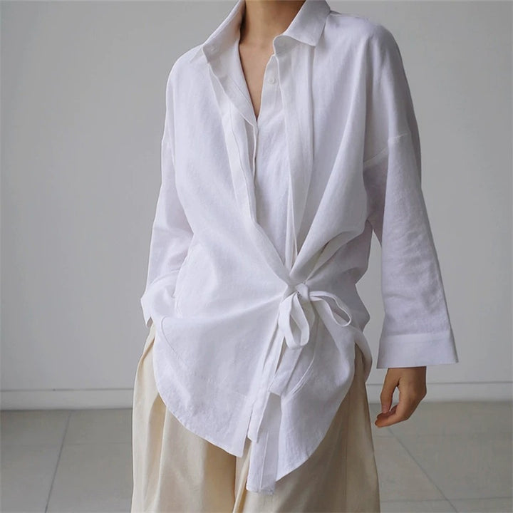 Damen Wickel-Langbluse aus Leinenmix mit Seitenschleife und Oversize-Schnitt – Élovi