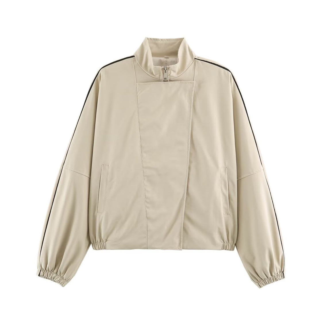 Damen Oversize Bomberjacke im Blouson‑Stil mit hohem Stehkragen, verdecktem Reißverschluss und Kontrastpaspel Echoarchiv