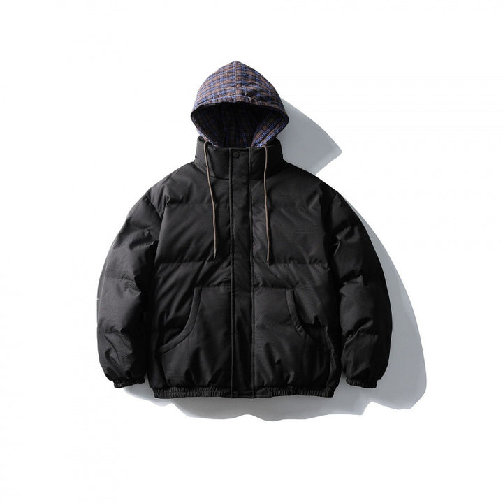 Unisex Wattierte Pufferjacke im kastigen Schnitt mit karierter Einsatzkapuze und hohem Stehkragen Echo Archiv