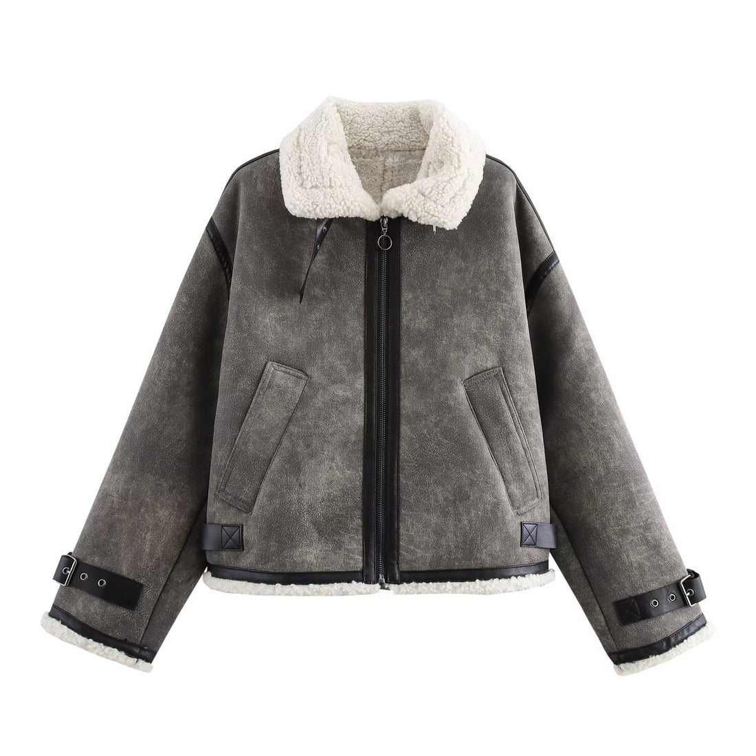 Damen Oversized Fliegerjacke mit Teddyfutter, Kunstlederbesatz und Schnallen Echoarchiv