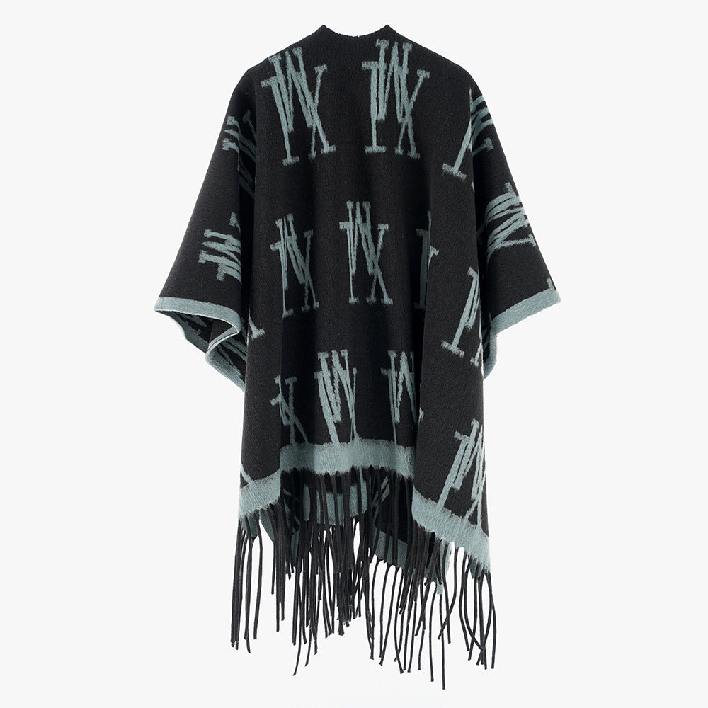 Damen Oversize-Monogramm-Capeponcho aus Wollmix mit Fransensaum – Célinea