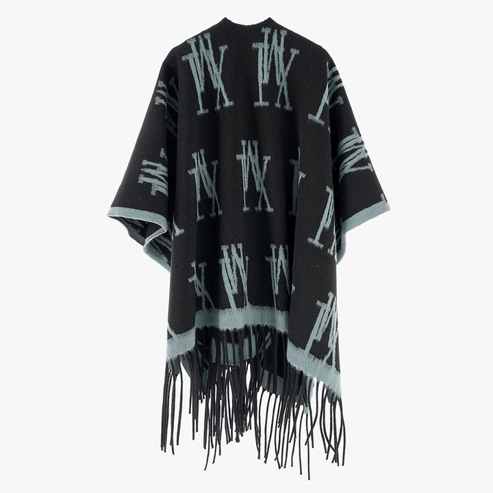 Damen Oversize-Monogramm-Capeponcho aus Wollmix mit Fransensaum – Célinea
