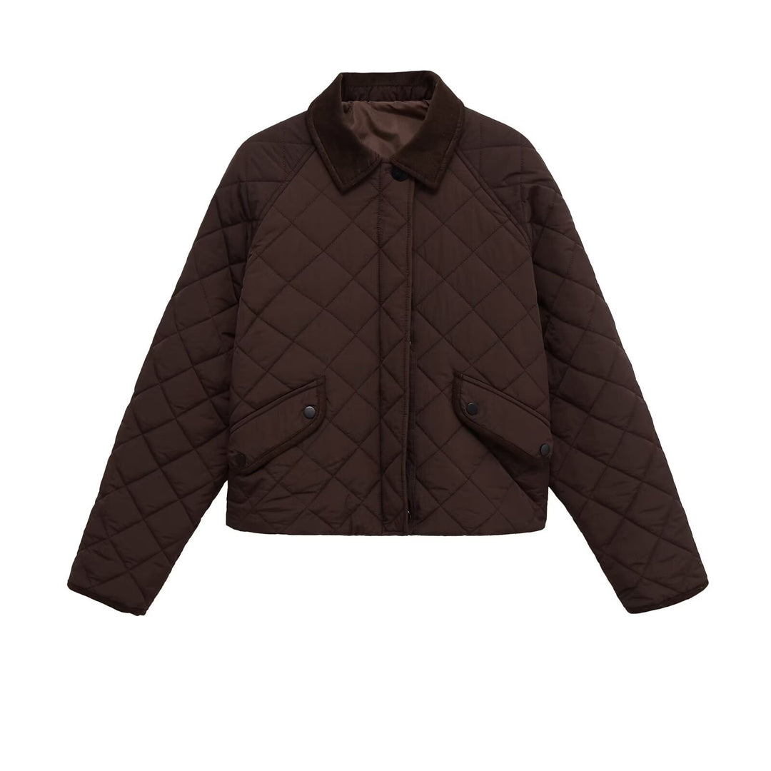 Damen Gesteppte Boxy‑Übergangsjacke mit Cordkragen und Pattentaschen Echoarchiv