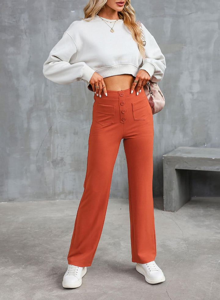 Damen Hochtaillierte weite Hose mit Knopfleiste und aufgesetzten Taschen Echo Archiv