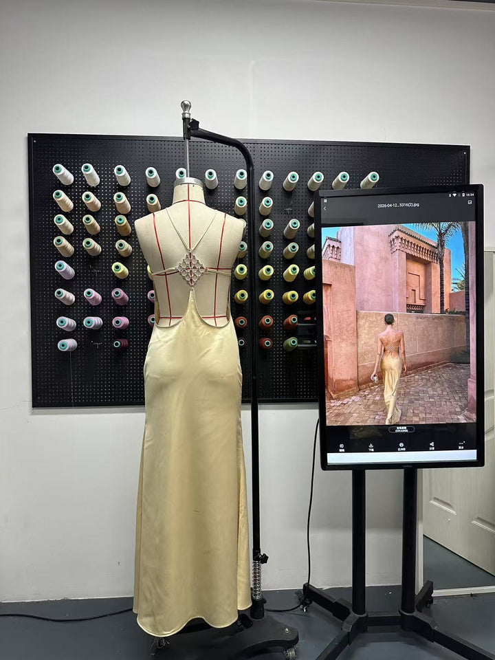 Damen elegantes Maxikleid mit raffiniertem Rückenausschnitt und schimmerndem Material Echo Archiv