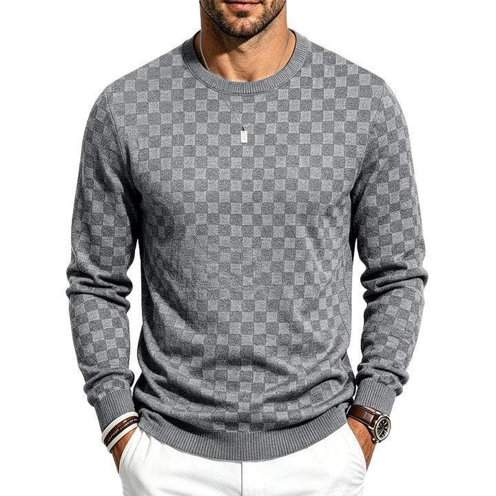 Herren Feiner Rundhals-Strickpullover mit dezentem Schachbrettmuster Echoarchiv