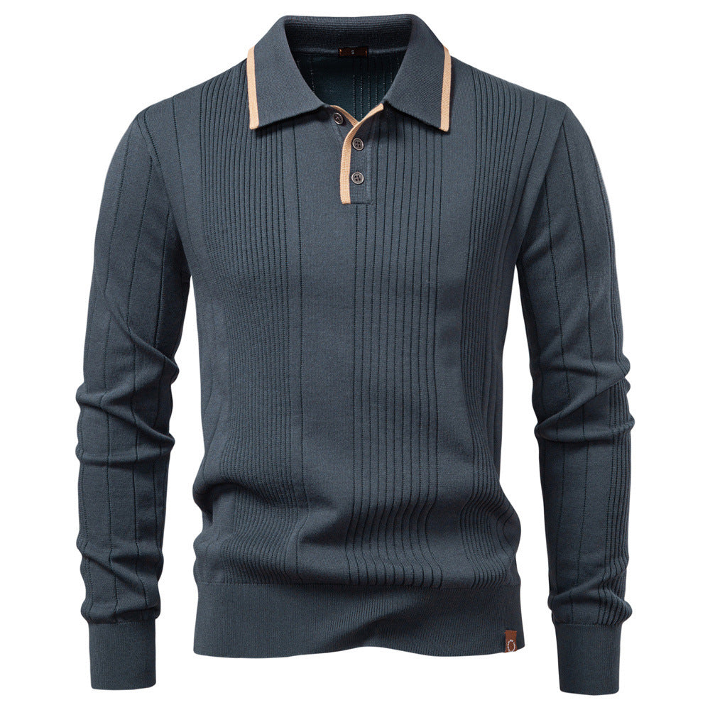 Herren nan langärmeliger Polopullover aus Feinstrick mit vertikalen Rippenintarsien und Kontrastkanten Echo Archiv