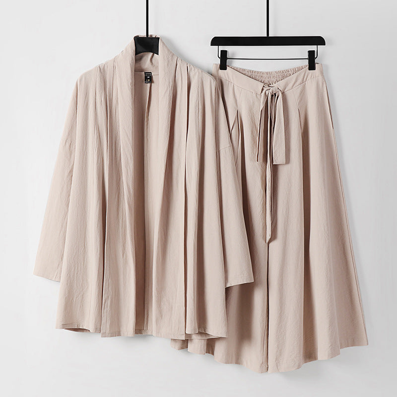 Damen Zweiteiliges Lounge-Set im Kimono-Stil mit offenem Schalkragen und weitem Palazzo-Hosenrock Echoarchiv