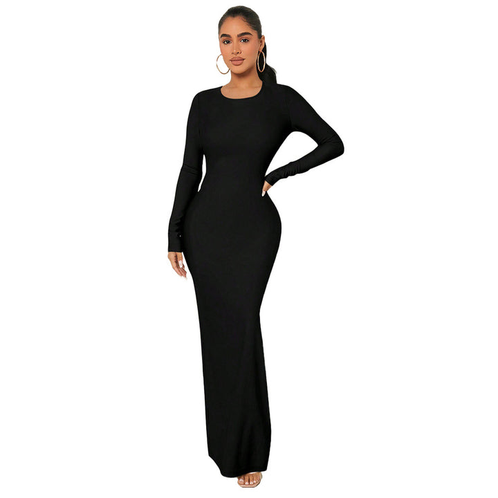 Damen figurnahes Maxikleid mit Rundhalsausschnitt, langem Arm und sculptender Taillenform – Valéora
