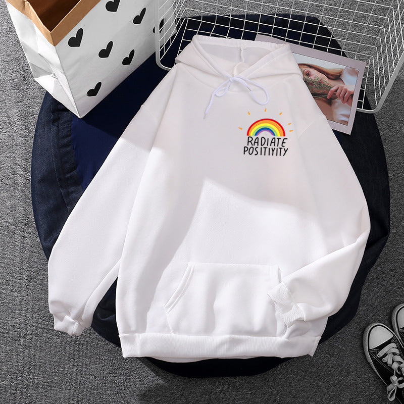 Damen lockerer Kapuzenpullover mit Regenbogen-Motiv, weichem Fleecefutter und Kängurutasche – Auréline