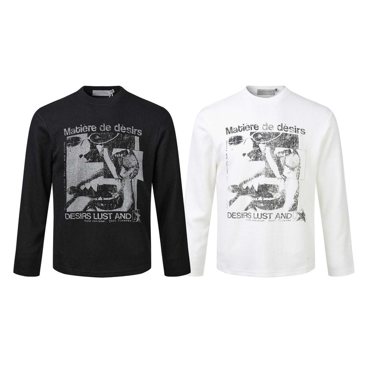 Unisex Geripptes Langarmshirt mit Rundhals und distressed Grafikprint Echoarchiv