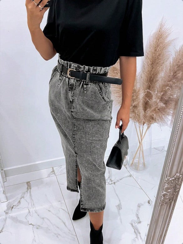 Damen Hochtaillierter Paperbag-Denim-Midirock mit Frontschlitz und Bindegürtel Echo Archiv