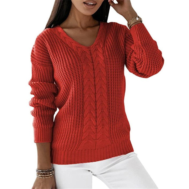 Damen nan grob gestrickter V-Ausschnitt Pullover mit Zopfmuster und lockerer Silhouette Echo Archiv