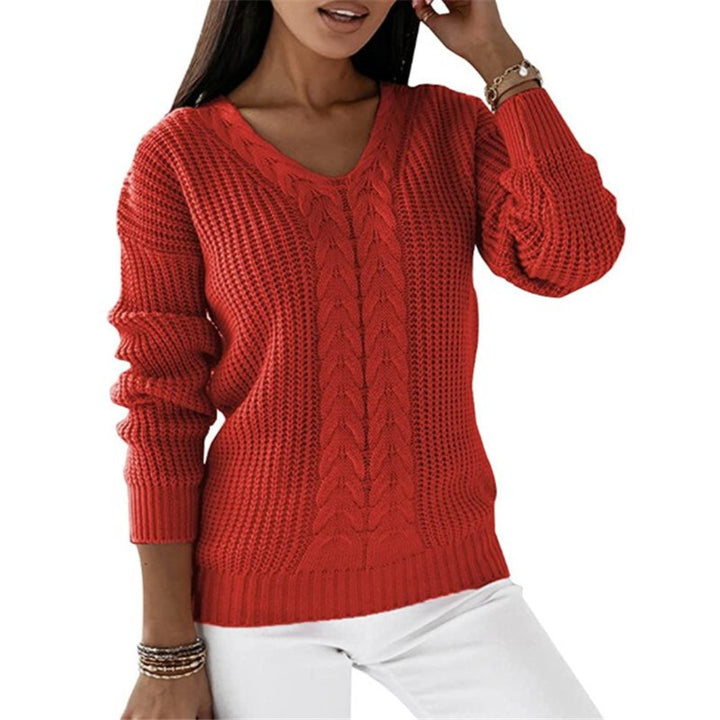Damen nan grob gestrickter V-Ausschnitt Pullover mit Zopfmuster und lockerer Silhouette Echo Archiv